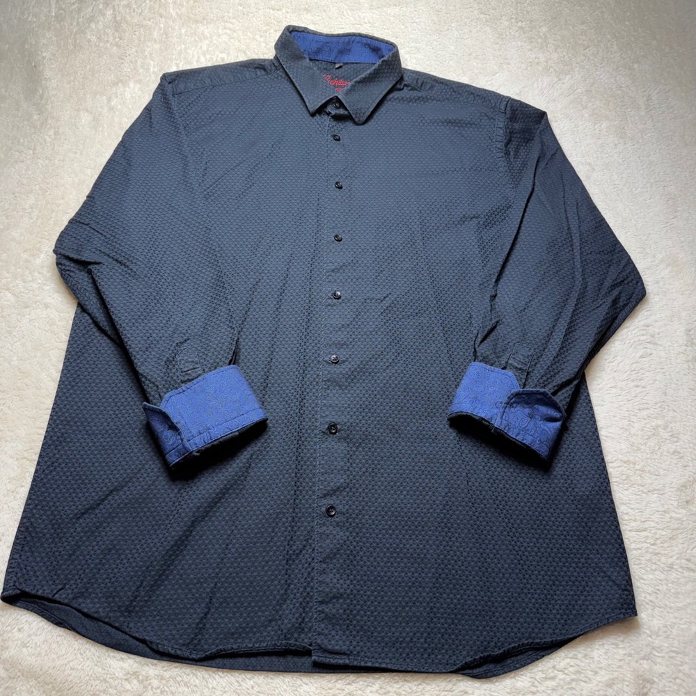 Luchiano Visconti Mens XXL Button Down Shirt Black Textured Paisley Trim Cotton
